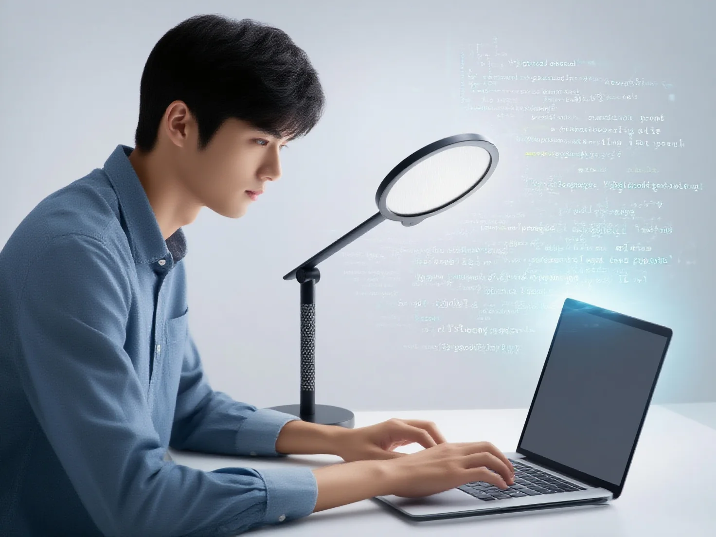 jimeng 2025 09 08 2463 男生在桌上使用筆記型電腦，他的檯燈是要這個圖片的燈，燈的外型不變 空氣中有很多程...